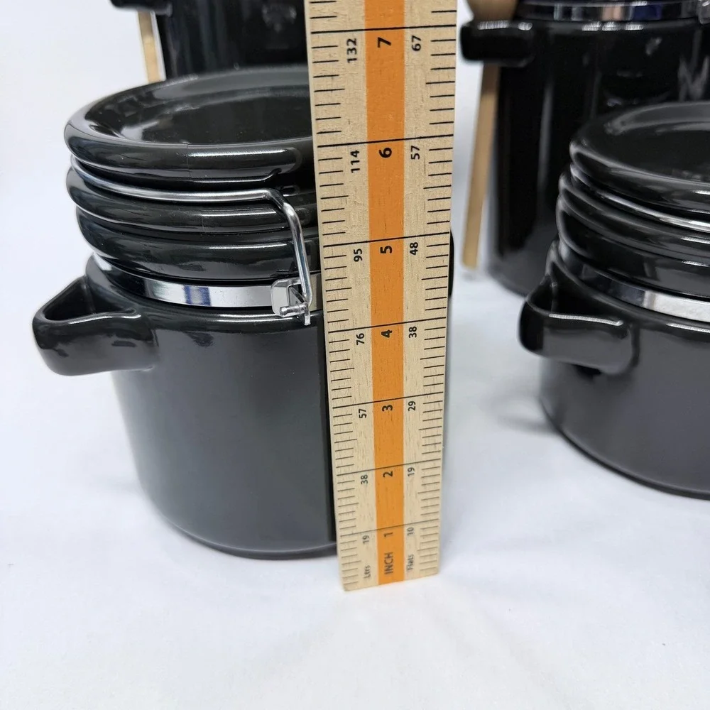 Black Ceramic Canister Set 4 Piece Airtight Locking Lids with Wooden Spoons